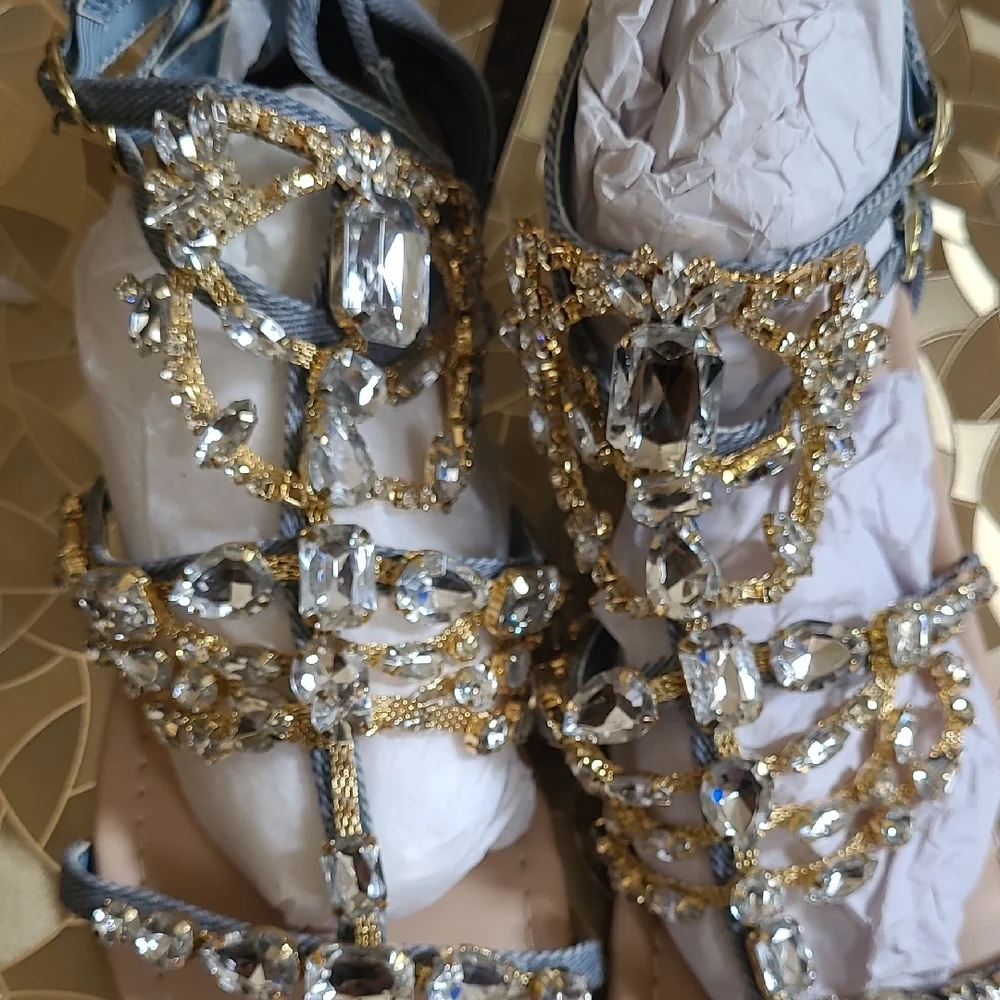 Shoe Dazzle Gold Crystal & Denim Gladiator Sandals - Picture 8 of 12